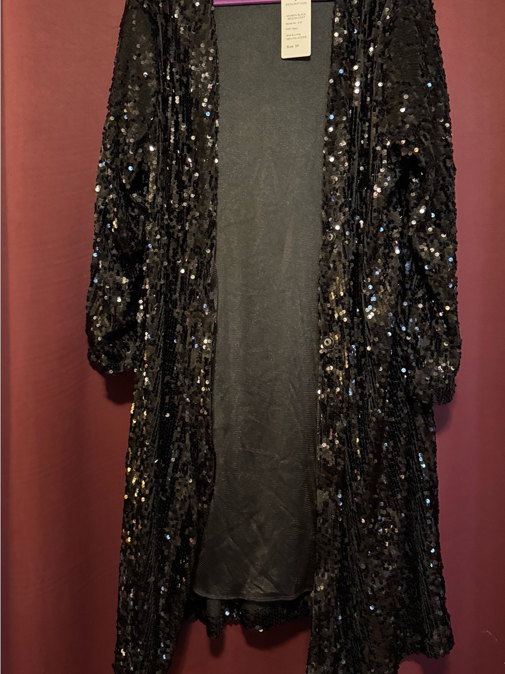 Women's Long-Sleeve Black Sequin Evening Dress Coat